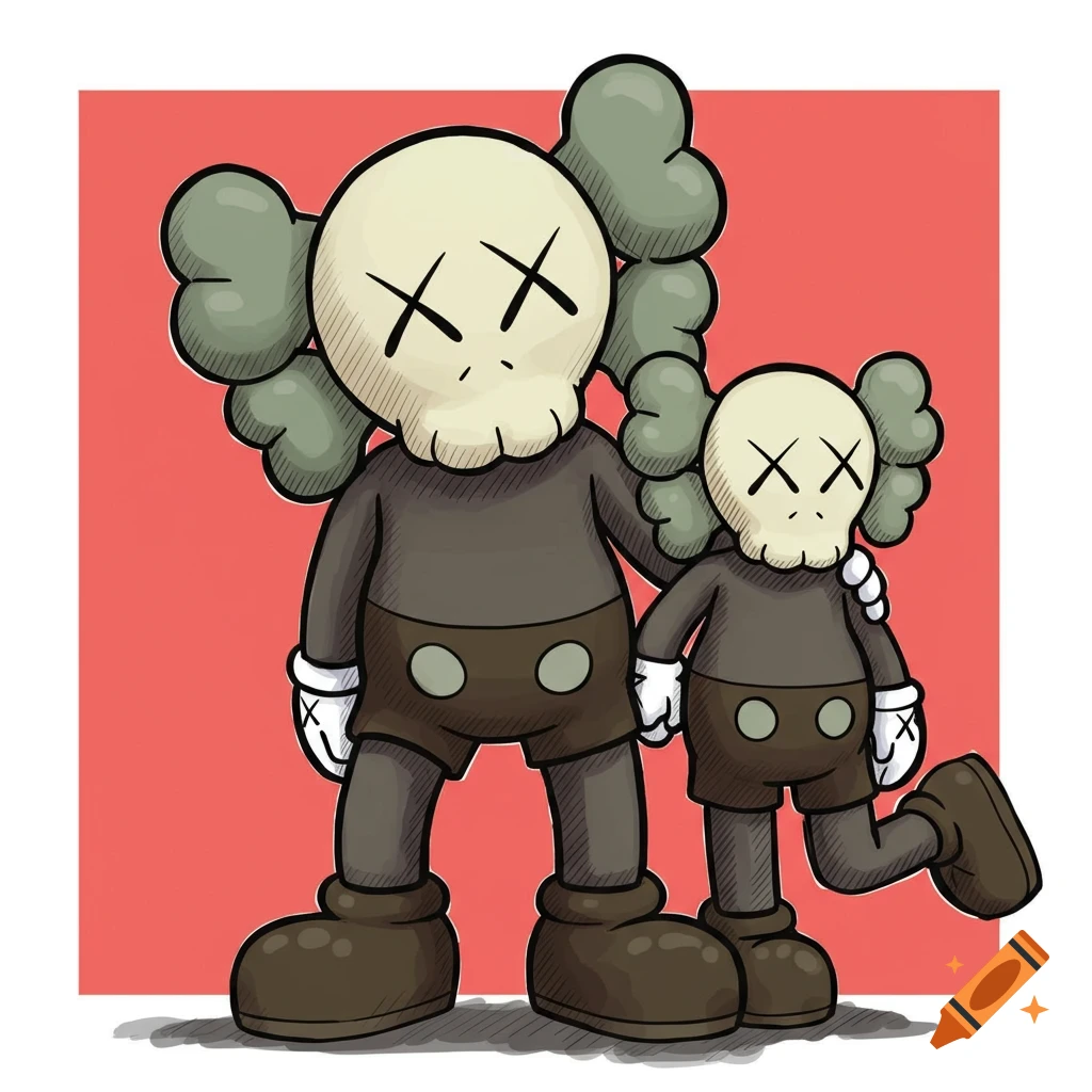 Two KAWS-style cartoon figures with skull heads and XX eyes stand together.