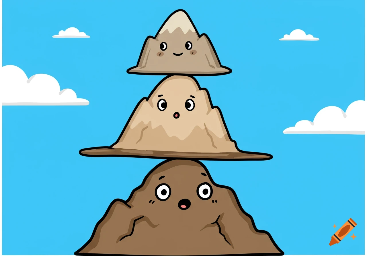 Cartoon image of three smiling mountains stacked on top of each other under a blue sky with clouds.