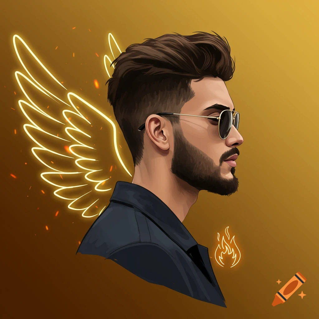 Digital art portrait of a man in sunglasses with glowing golden wings and a flame icon on a gold background.