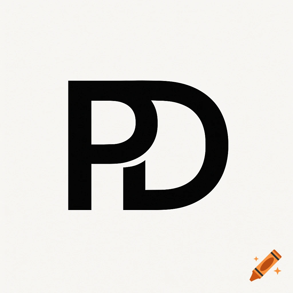 Black logo formed by initials P and D