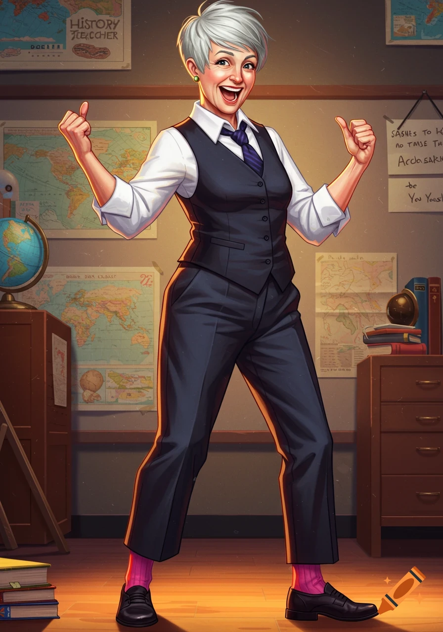A smiling history teacher with short grey hair and a vest stands enthusiastically in a classroom with maps.