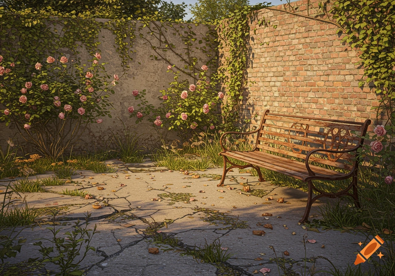 A sunny garden courtyard with a wooden bench, rose bushes, and climbing vines on walls.
