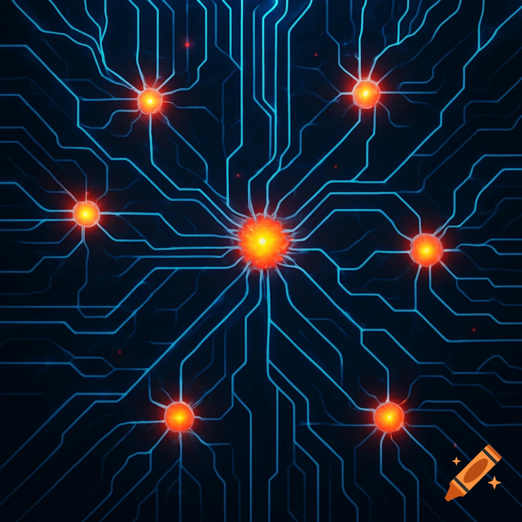 An abstract image of glowing orange nodes connected by blue lines, resembling neural circuits.
