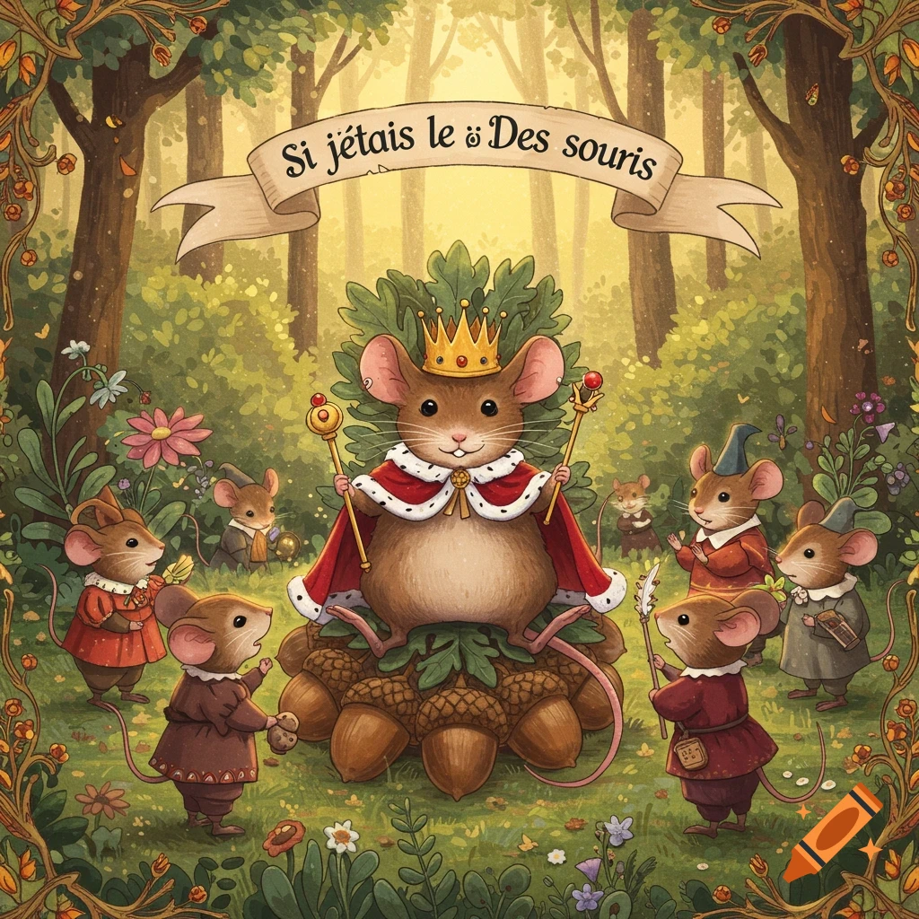 A crowned mouse sits on acorns in a forest clearing, surrounded by other mice in clothes. A banner above reads "Si j'etais le Des souris". Illustration style.