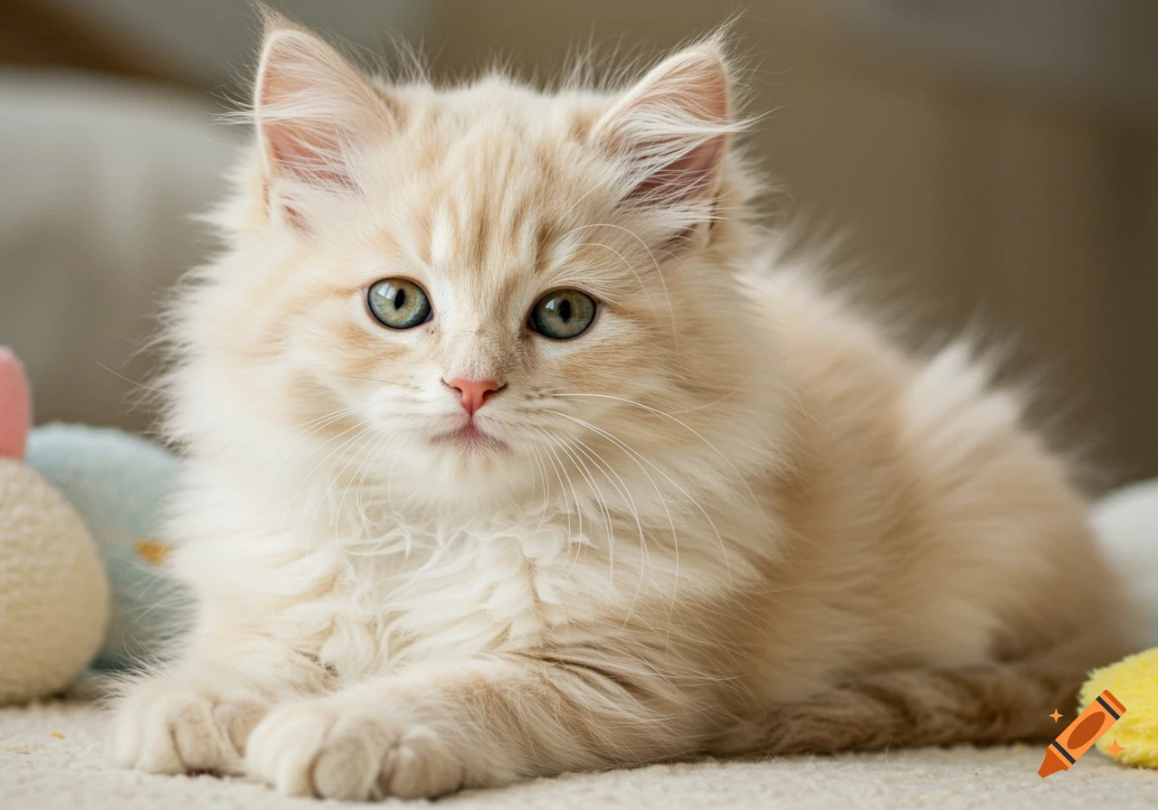 A fluffy light brown kitten with blue eyes looks at the camera.