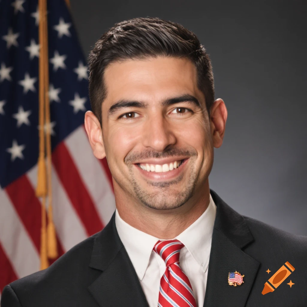 A man smiles in a suit and red striped tie in front of an American flag.