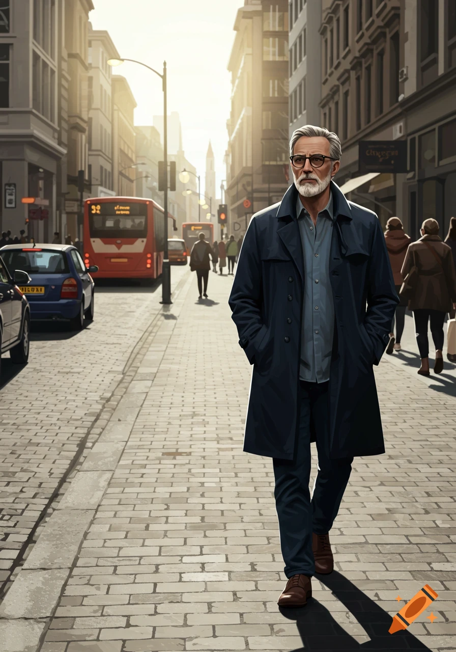 A man walking on a city street with a bus and cars.
