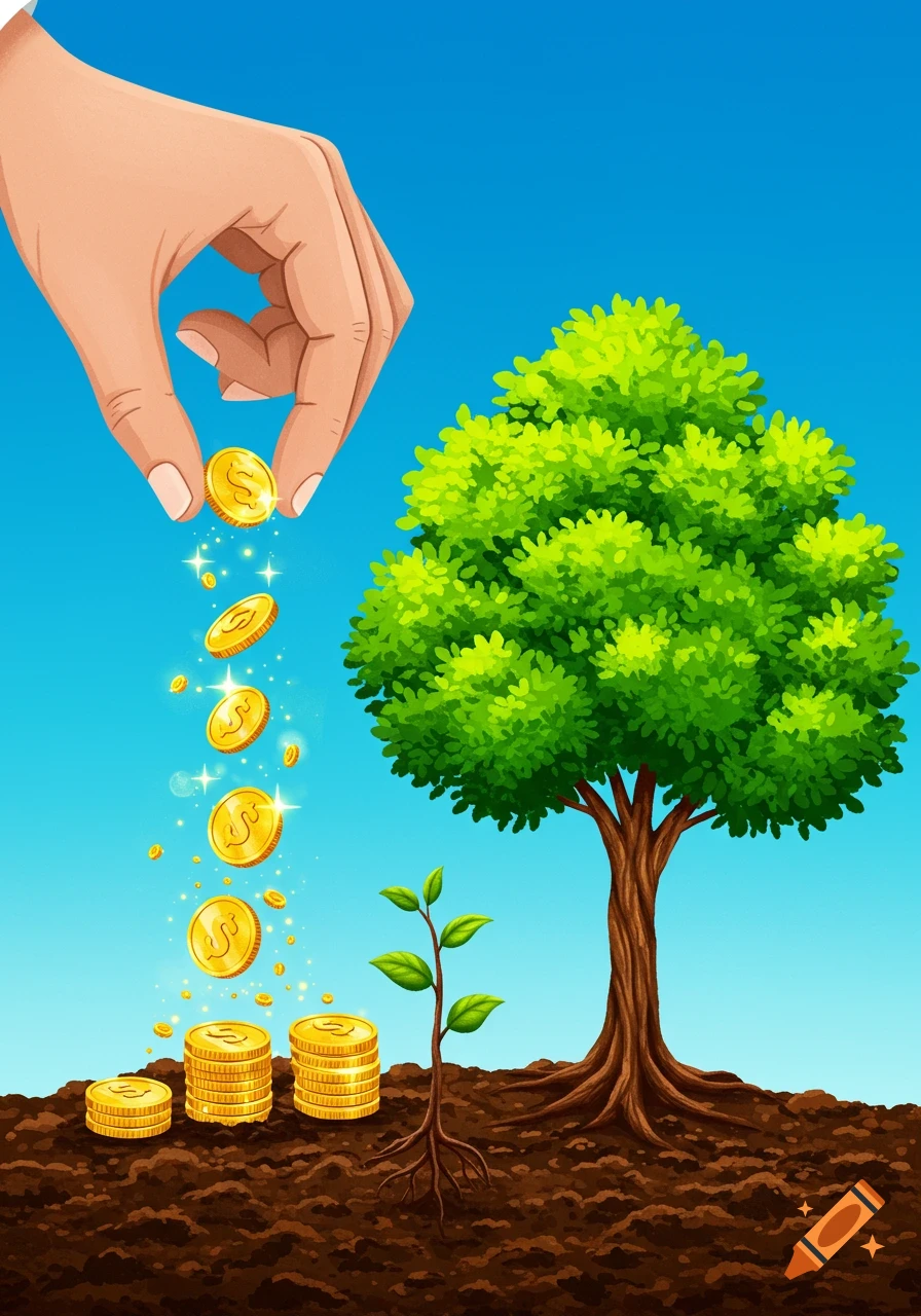 A hand drops gold coins into soil next to a growing plant and a large tree, symbolizing financial investment and growth.
