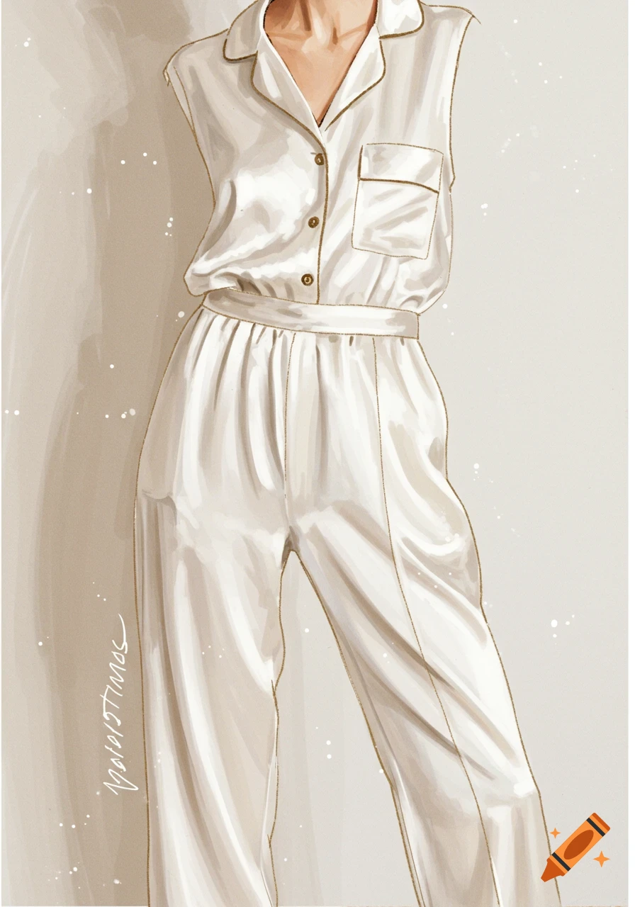 Digital painting of a person in a white satin jumpsuit looking like pajamas