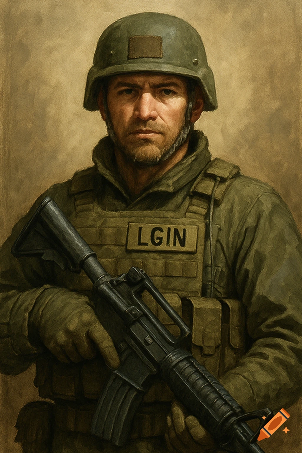 Painting of a soldier in uniform and helmet holding a rifle.