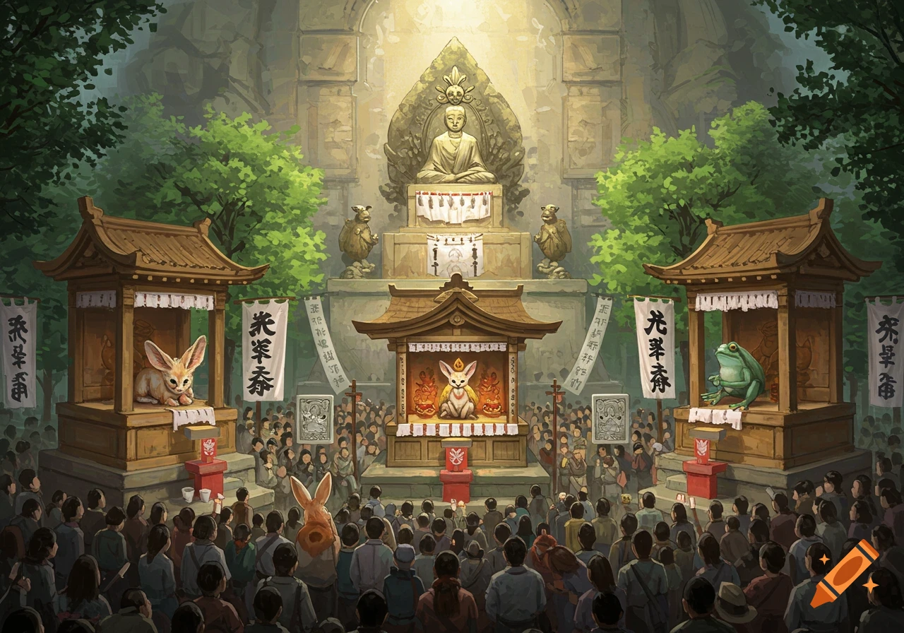 Crowd worships a fennec fox, rabbit, and frog in shrines before a large statue.