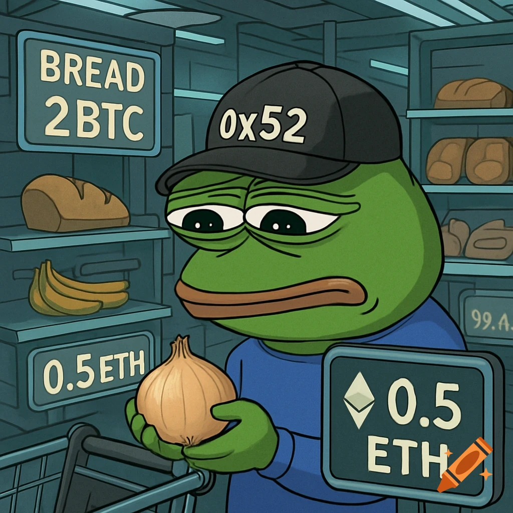 Cartoon of Pepe the Frog sadly holding an onion in a supermarket with price tags for bread and onions in BTC and ETH.