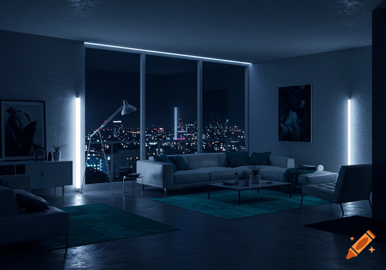 A modern condo interior at night with large windows overlooking a city skyline, illuminated by stark blue lighting.