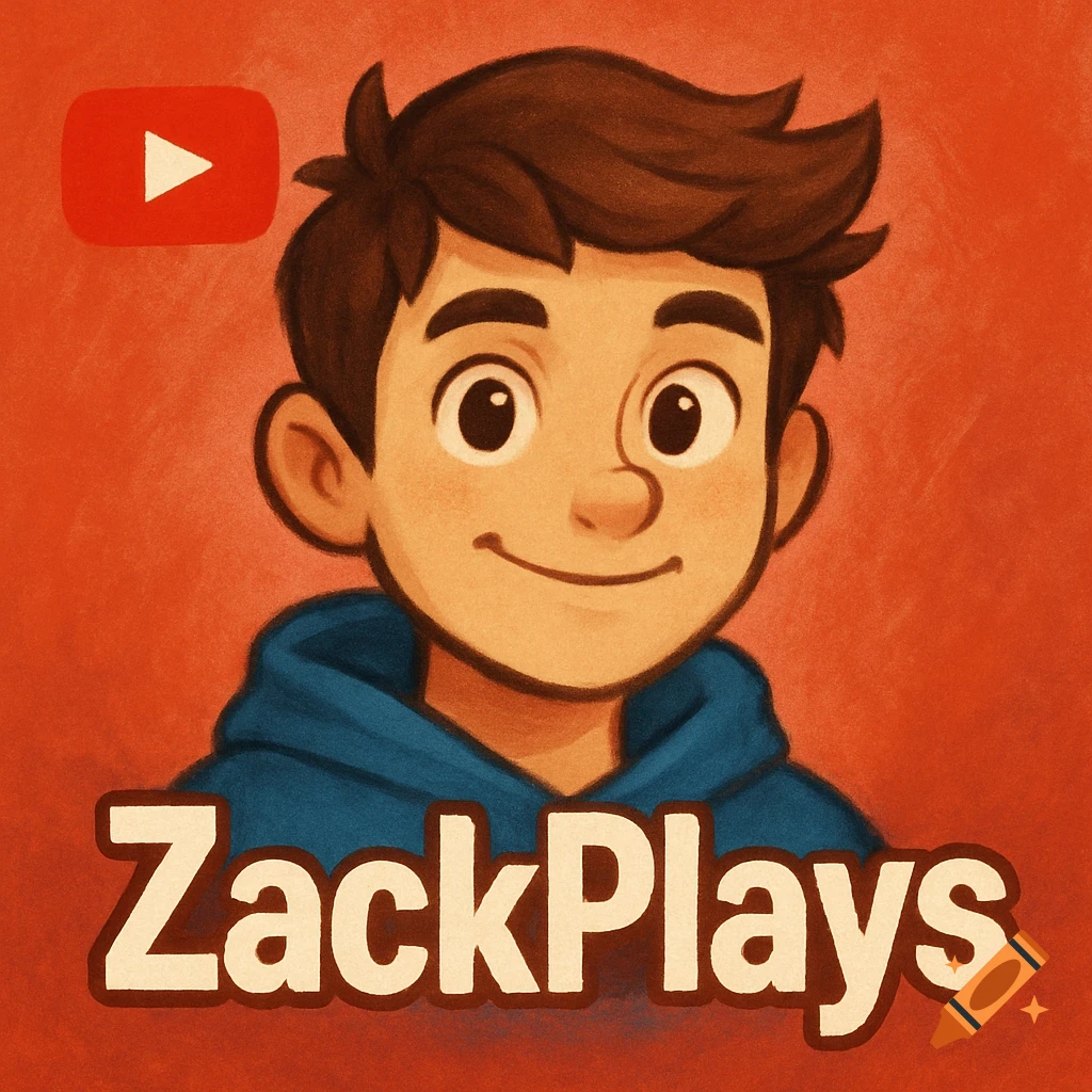 Cartoon boy with a YouTube logo and the text ZackPlays