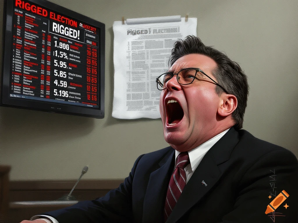 Man in suit yells in front of election results screen and newspaper