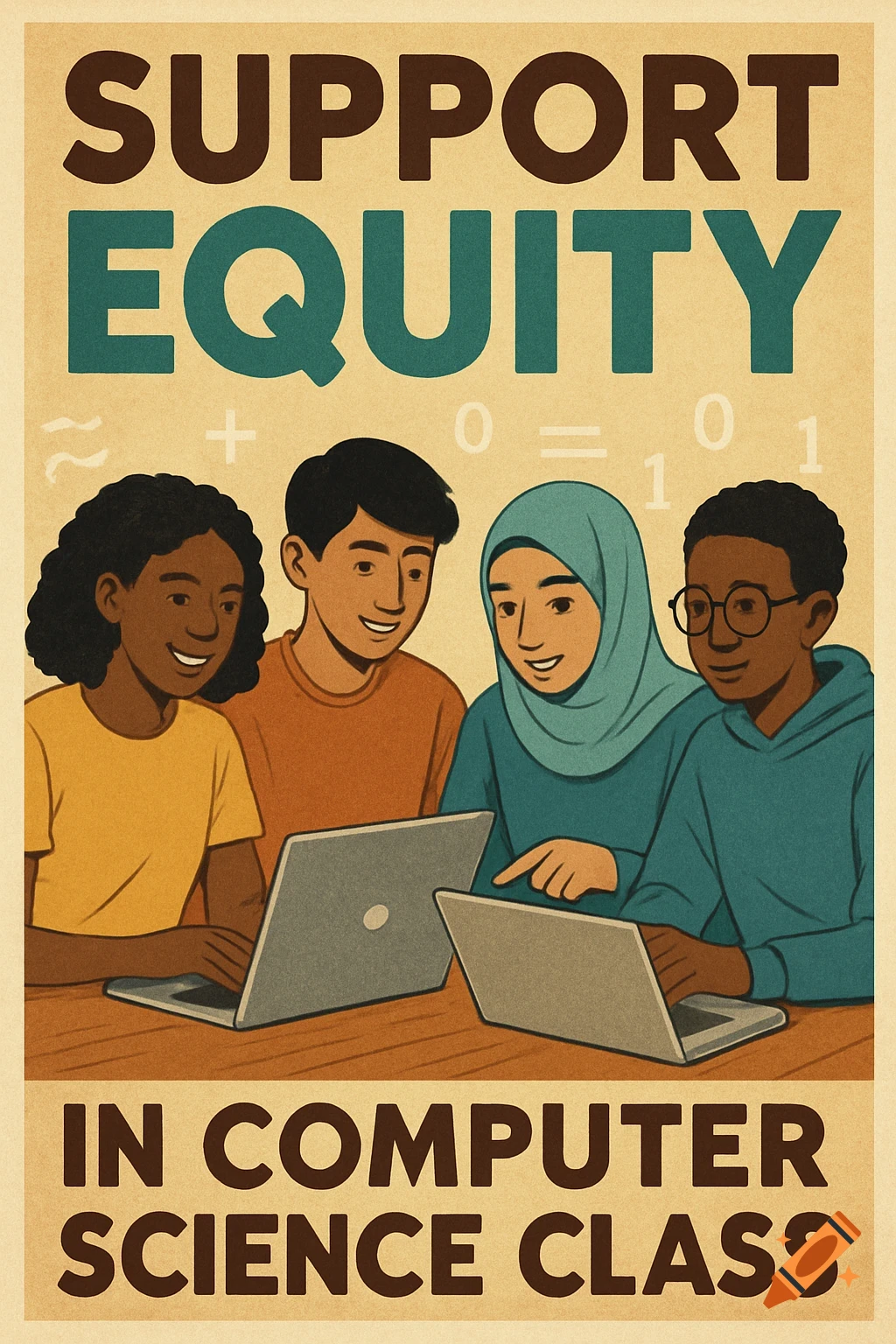 Vintage-style poster showing diverse students using laptops with text "SUPPORT EQUITY IN COMPUTER SCIENCE CLASS"