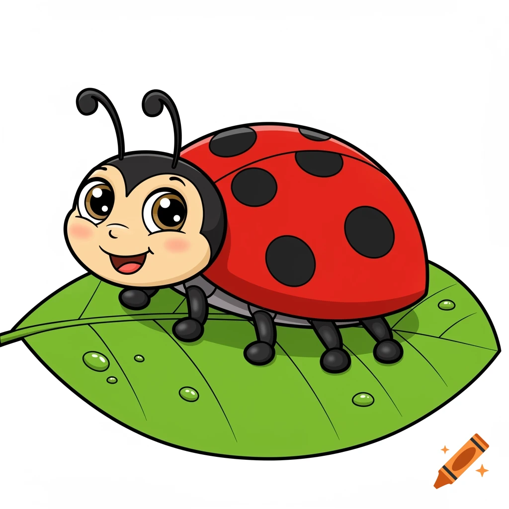 A happy cartoon ladybug with black spots sits on a green leaf with water drops.
