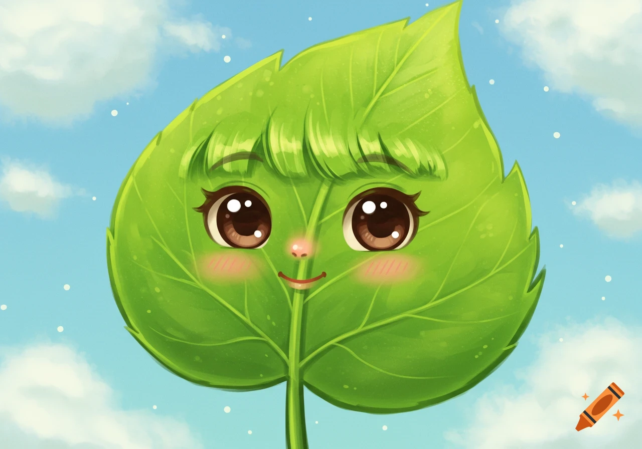 A cartoon green leaf with a cute face.