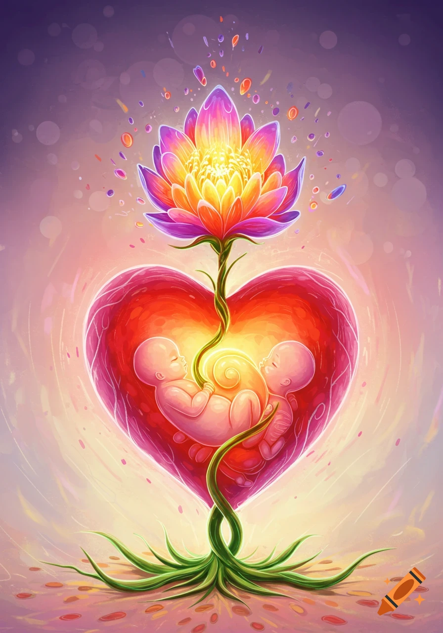 A stylized heart with two babies and a glowing spiral inside, a lotus flower grows from the top, roots below, vibrant colors.
