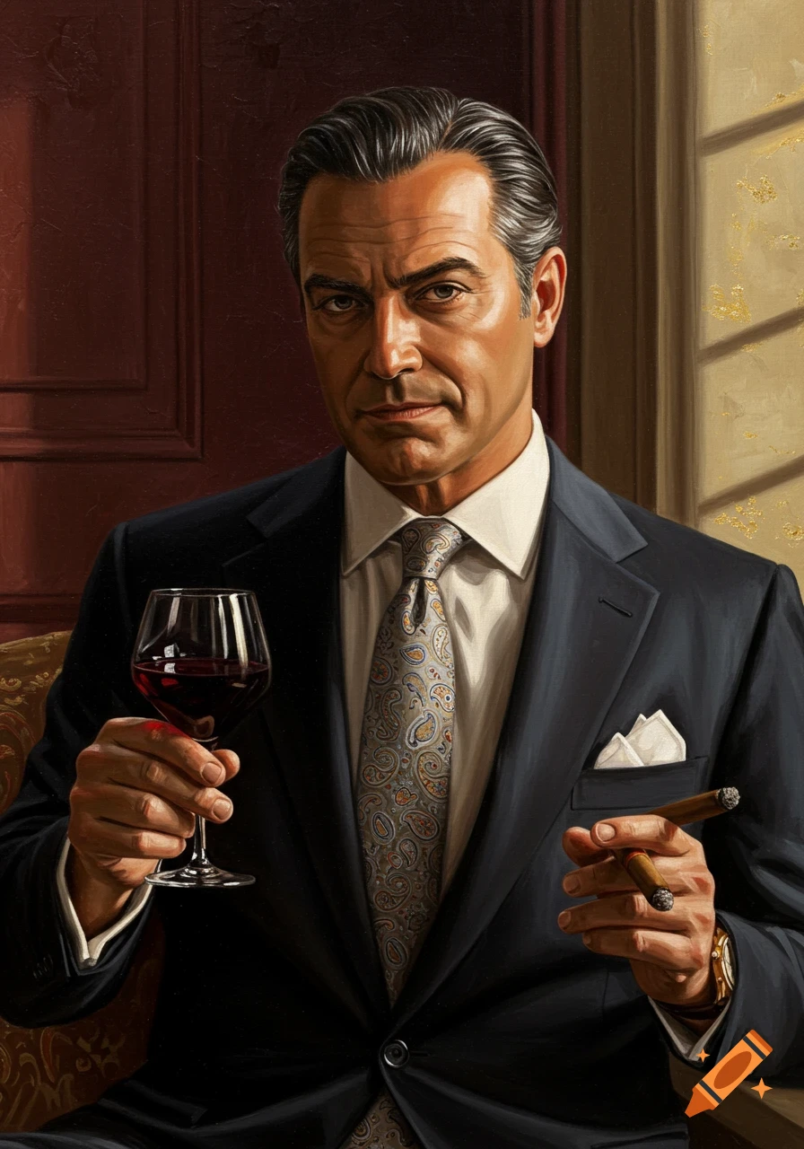 Painted portrait of a man in a suit holding a glass of wine and a cigar.
