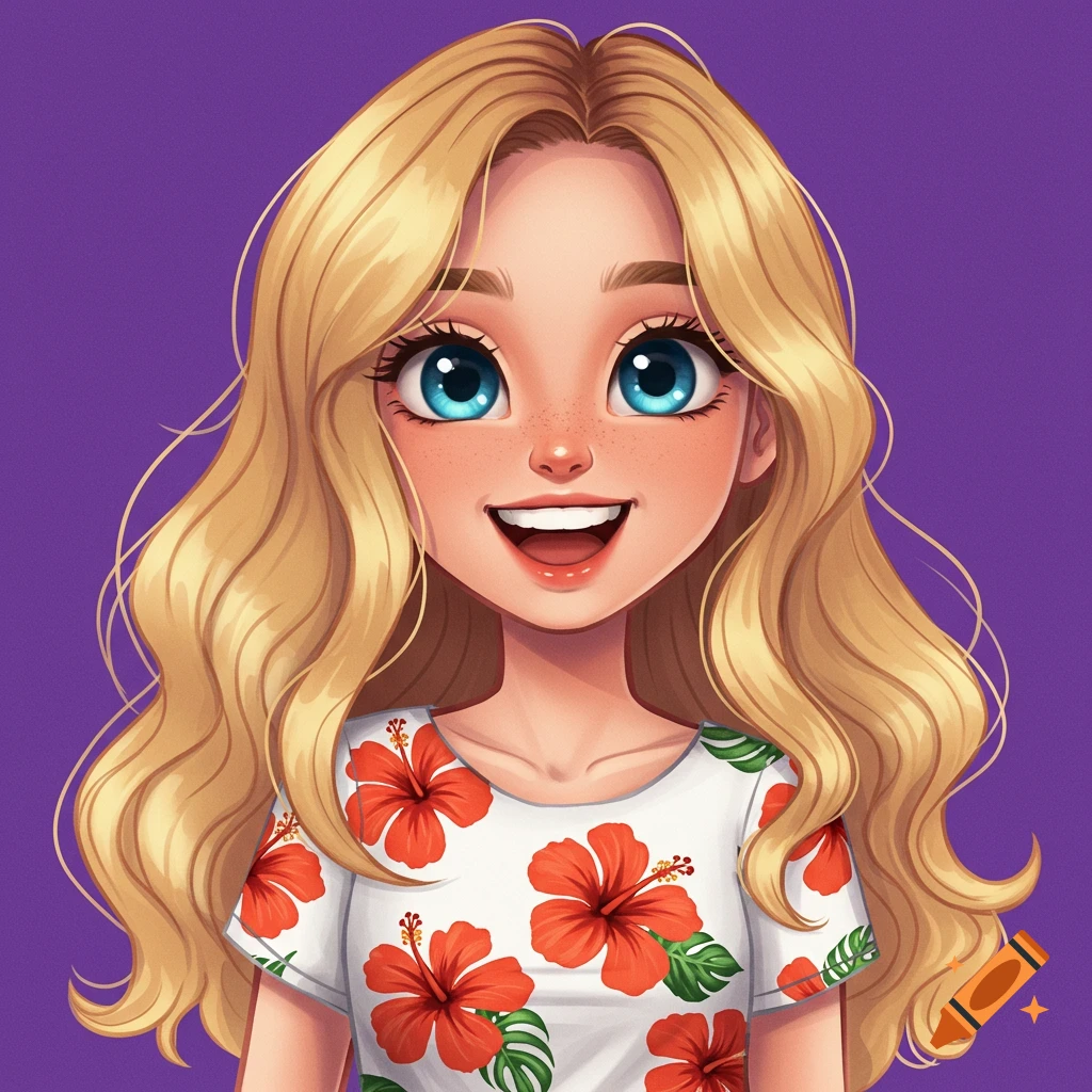 Cartoon portrait of a blonde girl with blue eyes, freckles, and a white shirt with red hibiscus flowers.