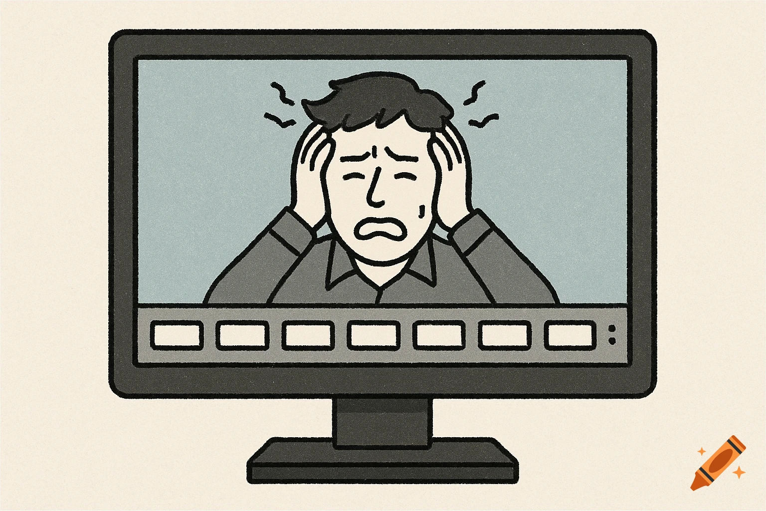 Cartoon illustration of a distressed person on a computer screen with simplified controls below.