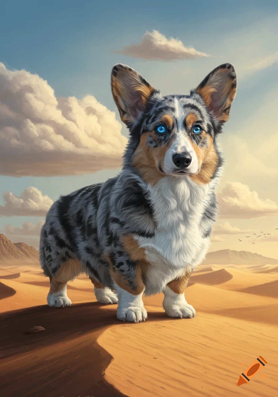 A blue merle corgi with blue eyes on sand dunes in a desert landscape under a cloudy sky.
