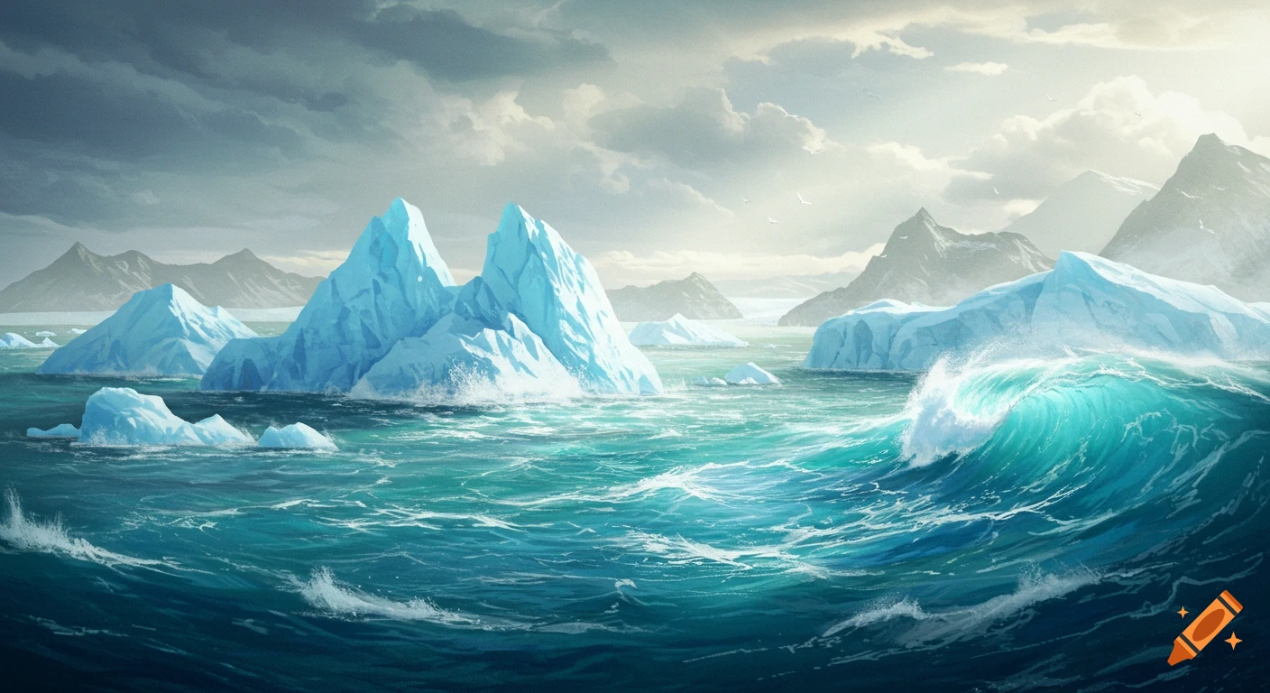 Icebergs in a turbulent ocean with mountains under cloudy skies.