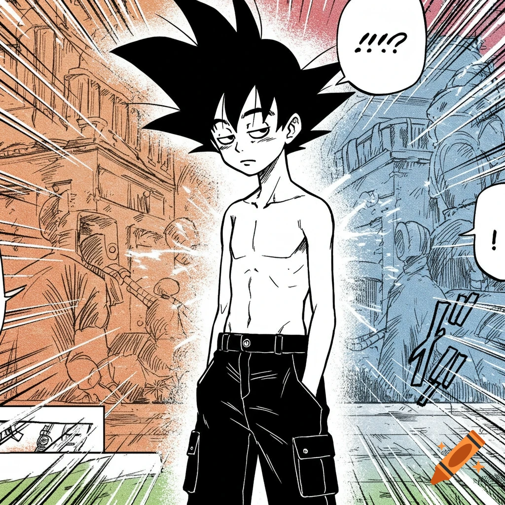 Manga panel of a young character with spiky black hair, shirtless, wearing black cargo pants, with a sleepy expression.