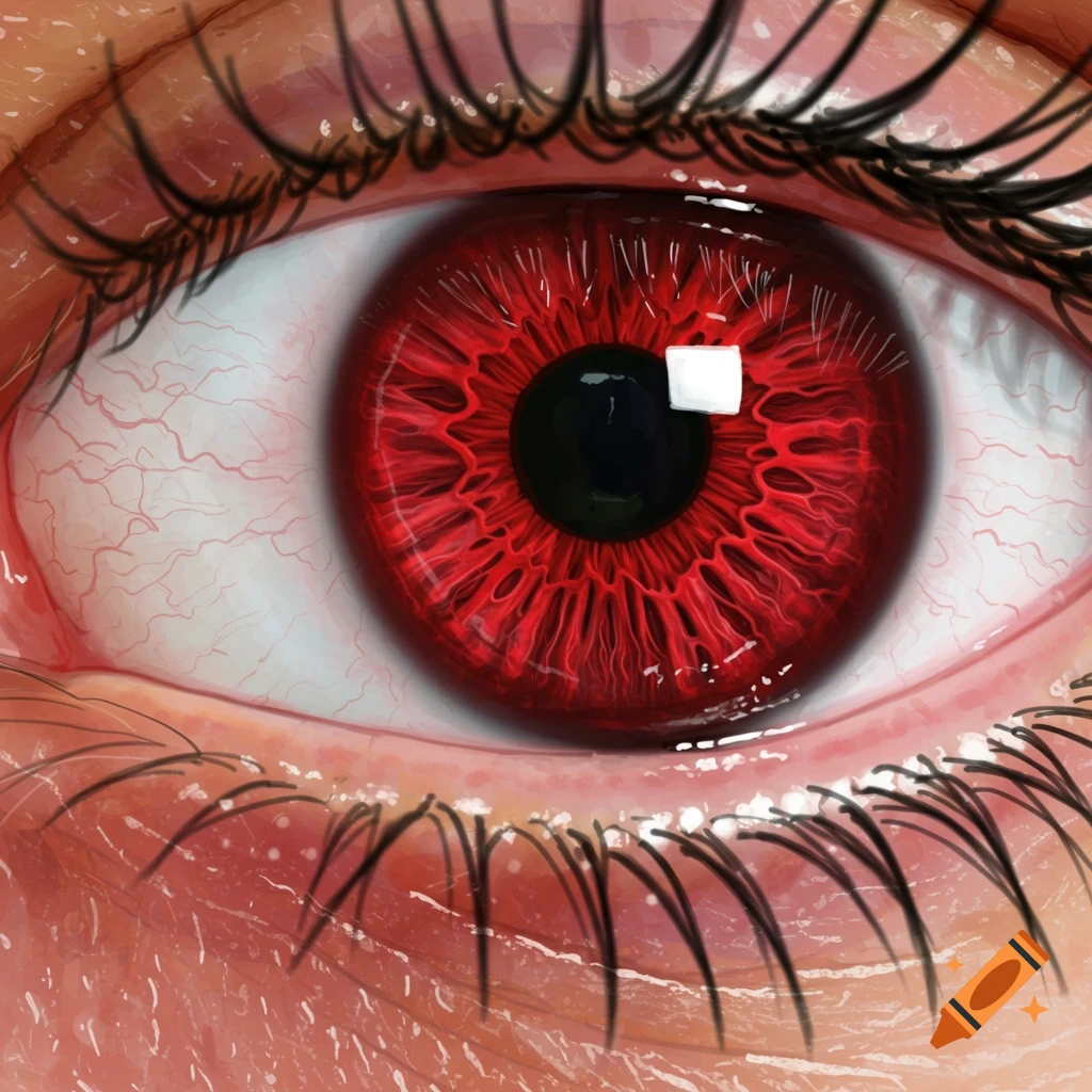 Close up digital painting of a human eye with a red iris and visible veins.