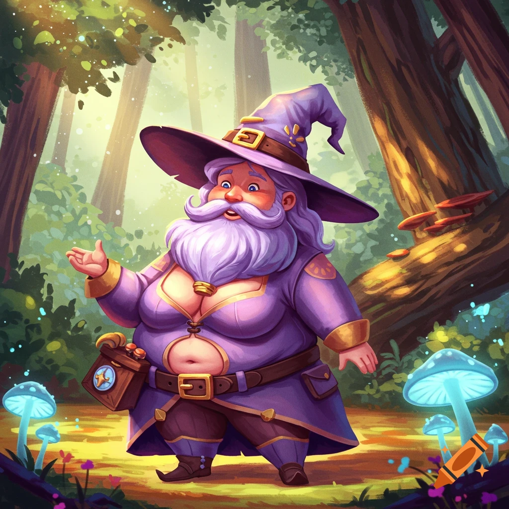A chubby fantasy character in a purple wizard hat and bustier, standing in a forest with glowing mushrooms.