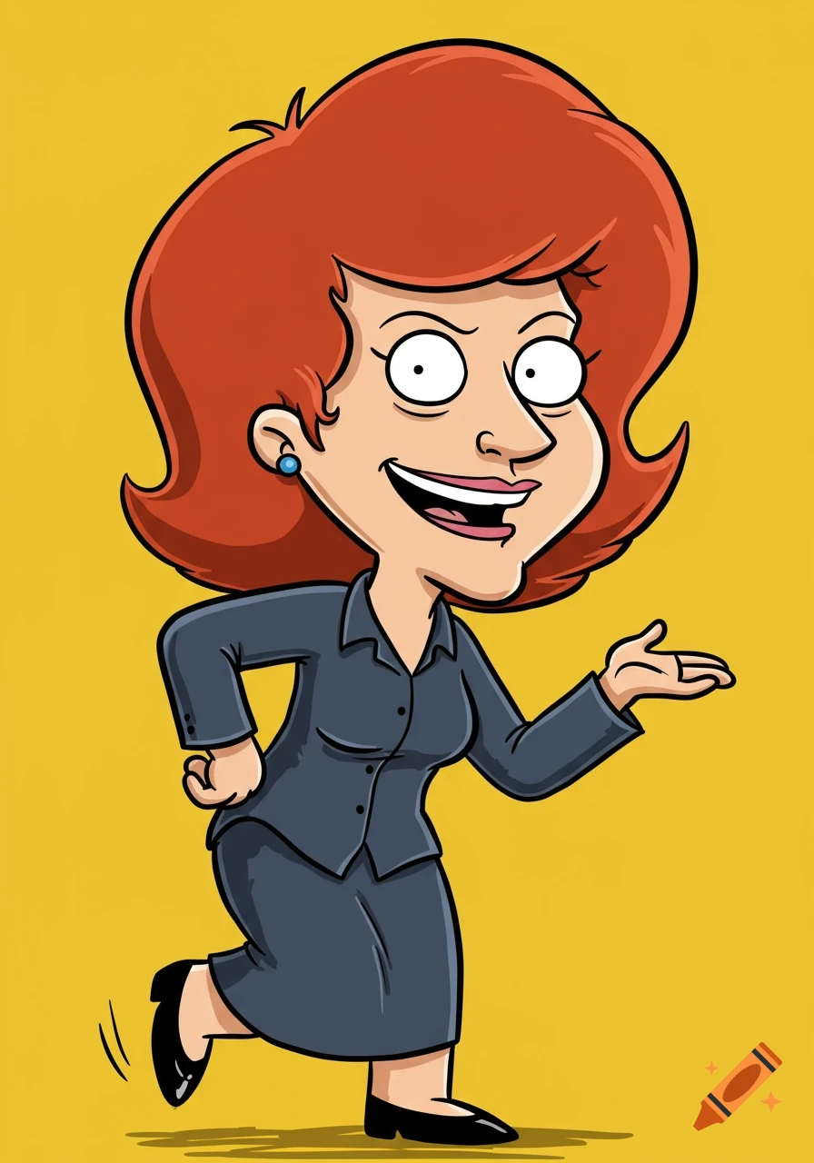 Cartoon woman with red hair in a suit smiling and gesturing, Family Guy style.