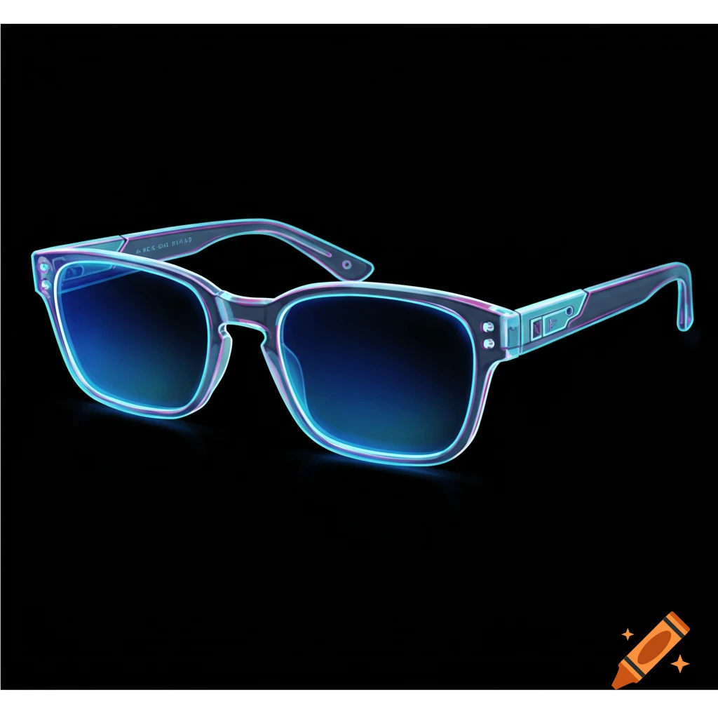 Futuristic glasses with glowing blue and pink edges on a black background.