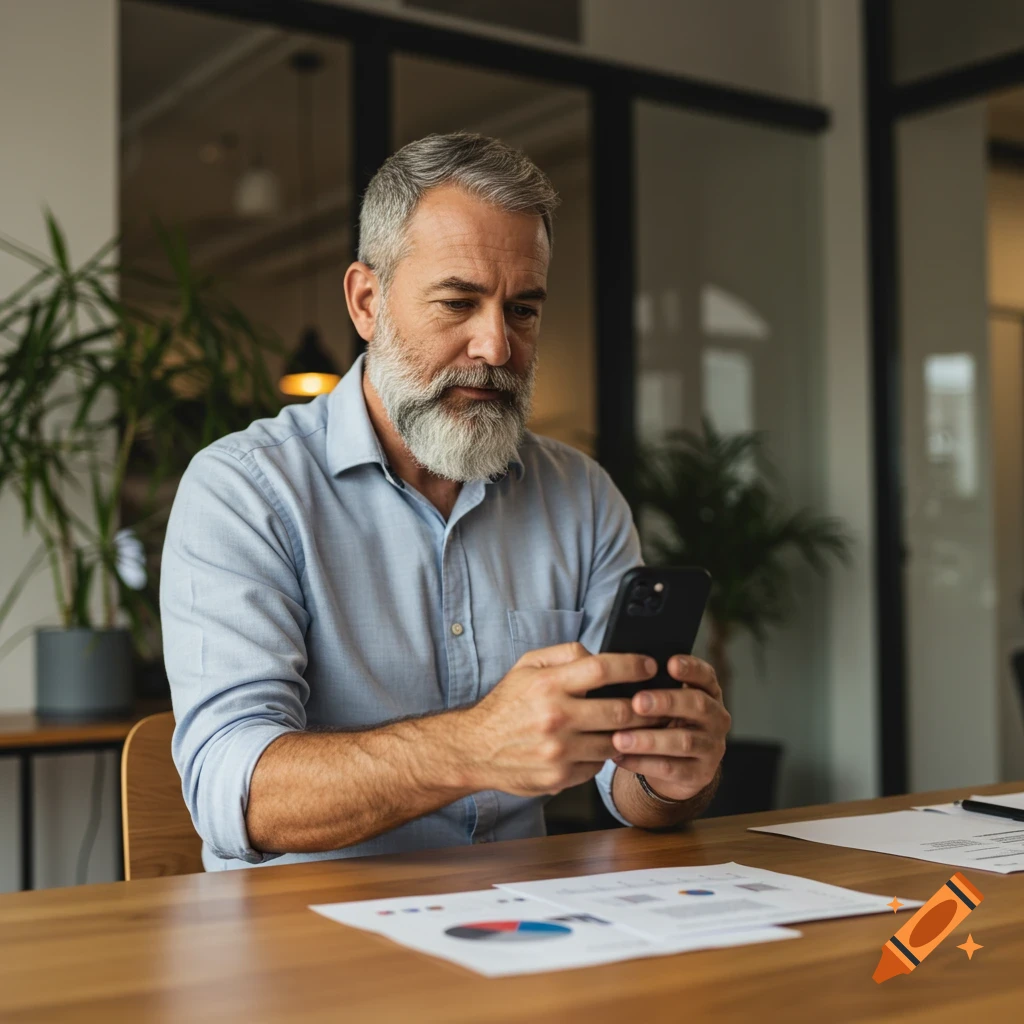 A man with a beard sits at a table in an office, looking at his phone.