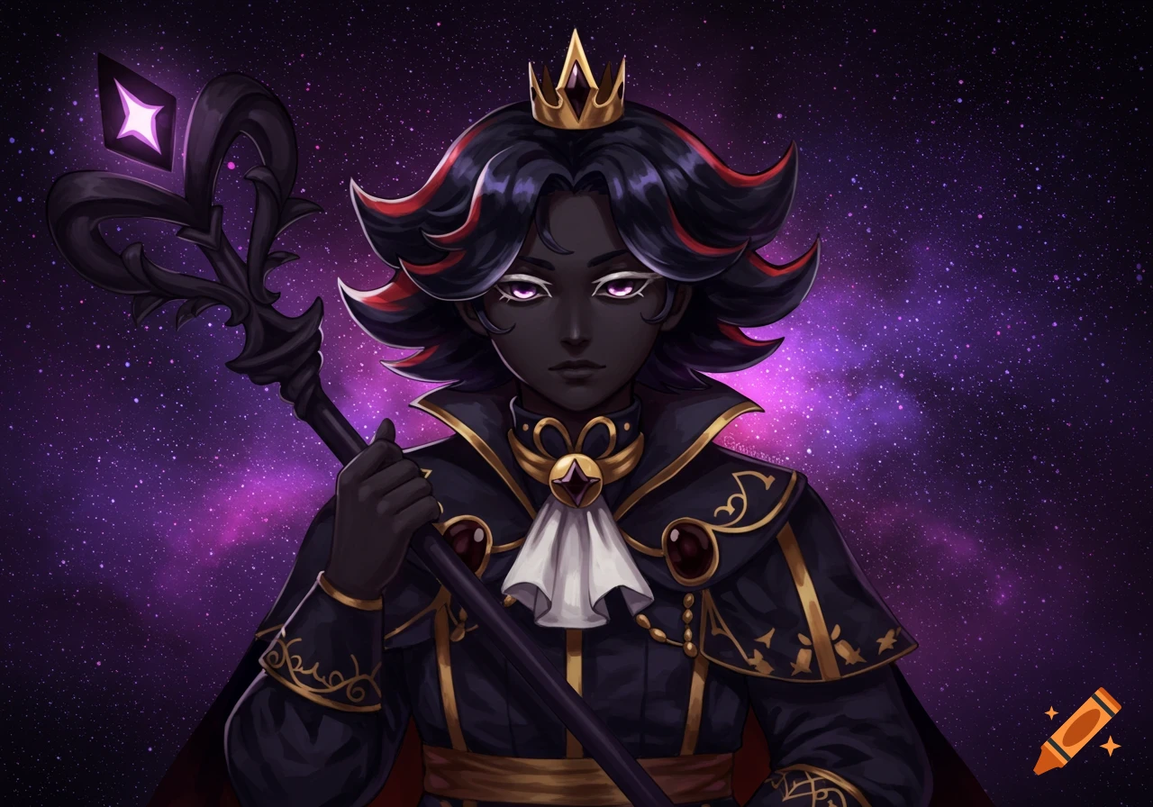 A dark-skinned character in royal attire and crown holds a staff against a purple galaxy background.