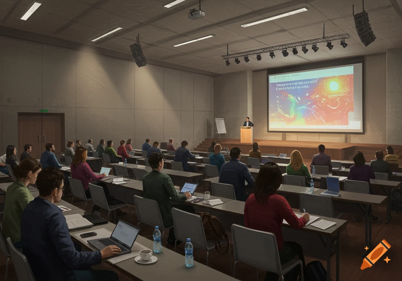 People attend a conference in a large room, watching a presentation on a screen.
