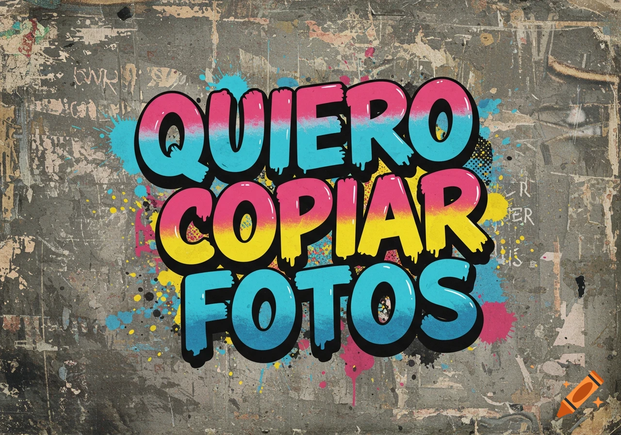 Large colorful graffiti text says "QUIERO COPIAR FOTOS" on a grunge concrete wall.