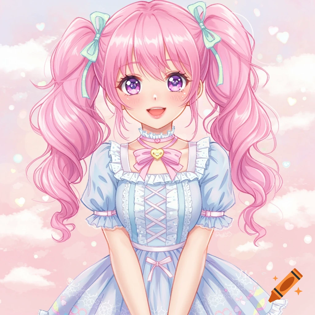 Anime girl with pink pigtails and purple eyes, wearing a blue lolita dress with lace details, against a pink cloudy background.