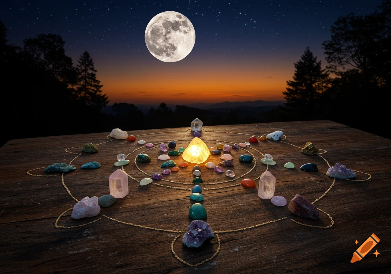 Crystal and gemstone mandala arranged on a wooden table under a full moon and starry sky.