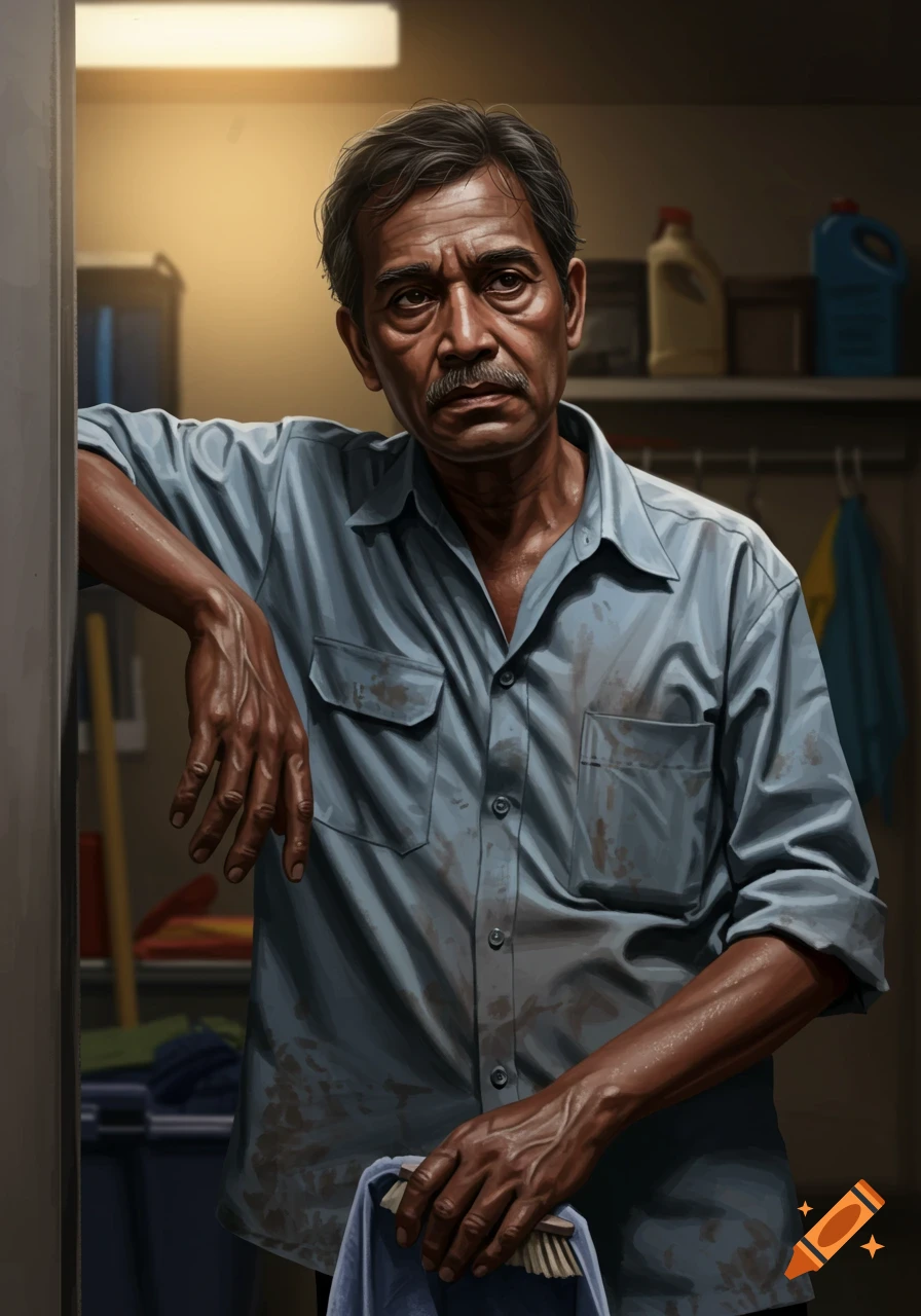 A tired older janitor in a dirty blue shirt leans against a wall in a utility room.