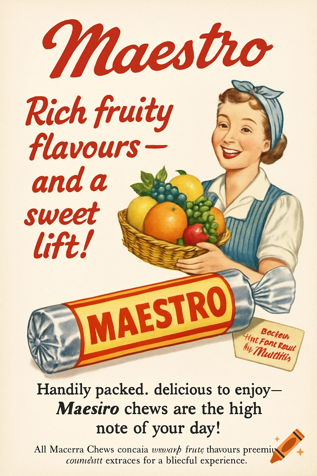 A vintage-style advertisement shows a smiling woman in an apron holding a basket of fruit next to a large candy stick, with red and yellow text.