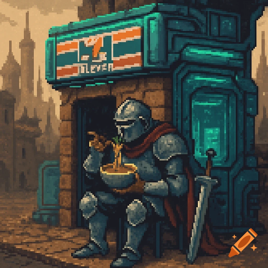 Pixel art of a knight eating ramen outside a 7-Eleven store.