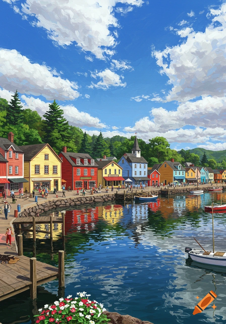 A colorful town along a waterfront, with people walking on a boardwalk in front of shops.
