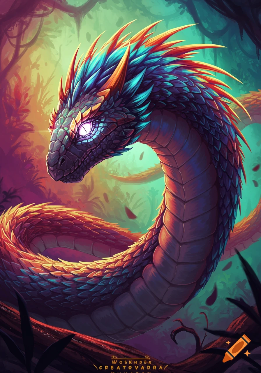 Colorful fantasy dragon in a forest clearing illustration