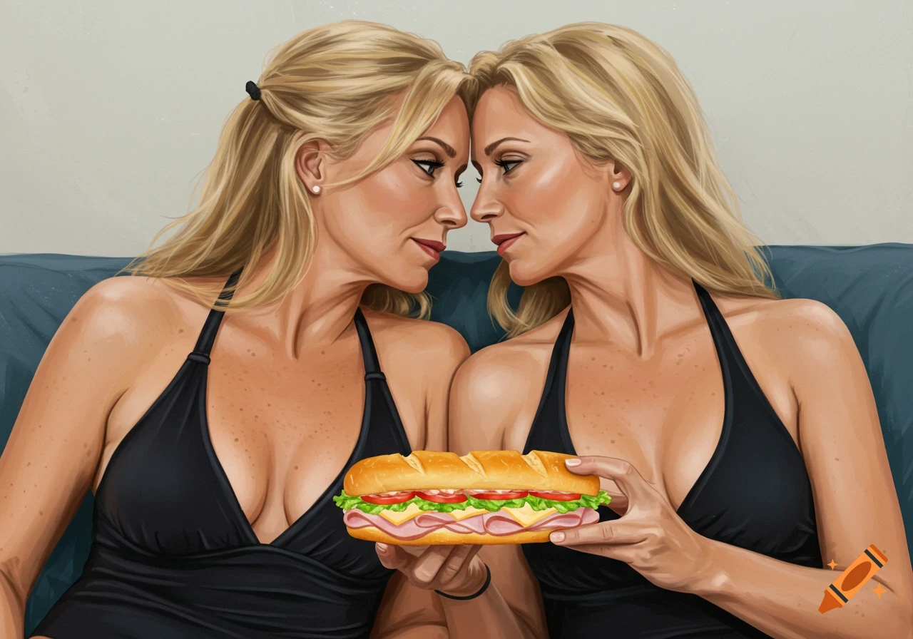 Image of two blond women in black bathing suits cuddling on a couch, holding a sub sandwich.