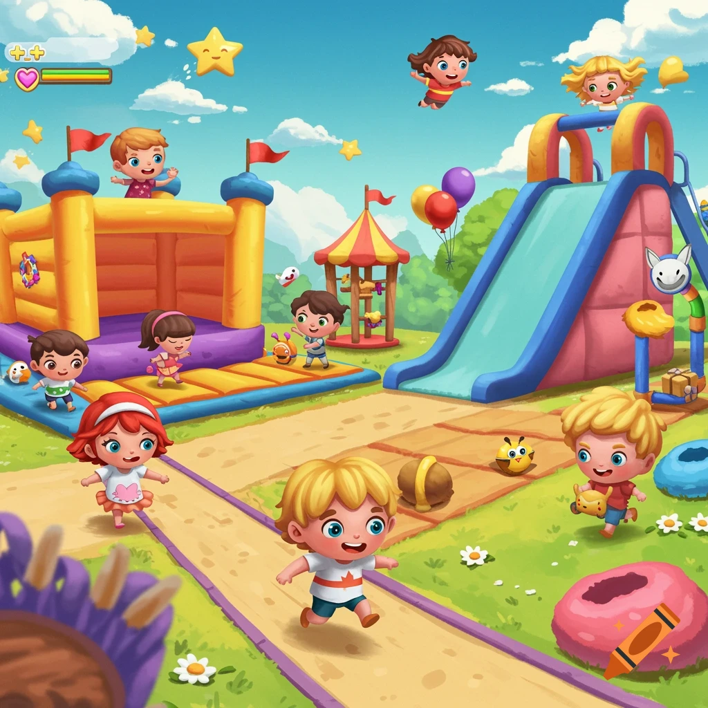Bright cartoon illustration of children playing in a colorful bouncy castle and playground scene with game-like UI.