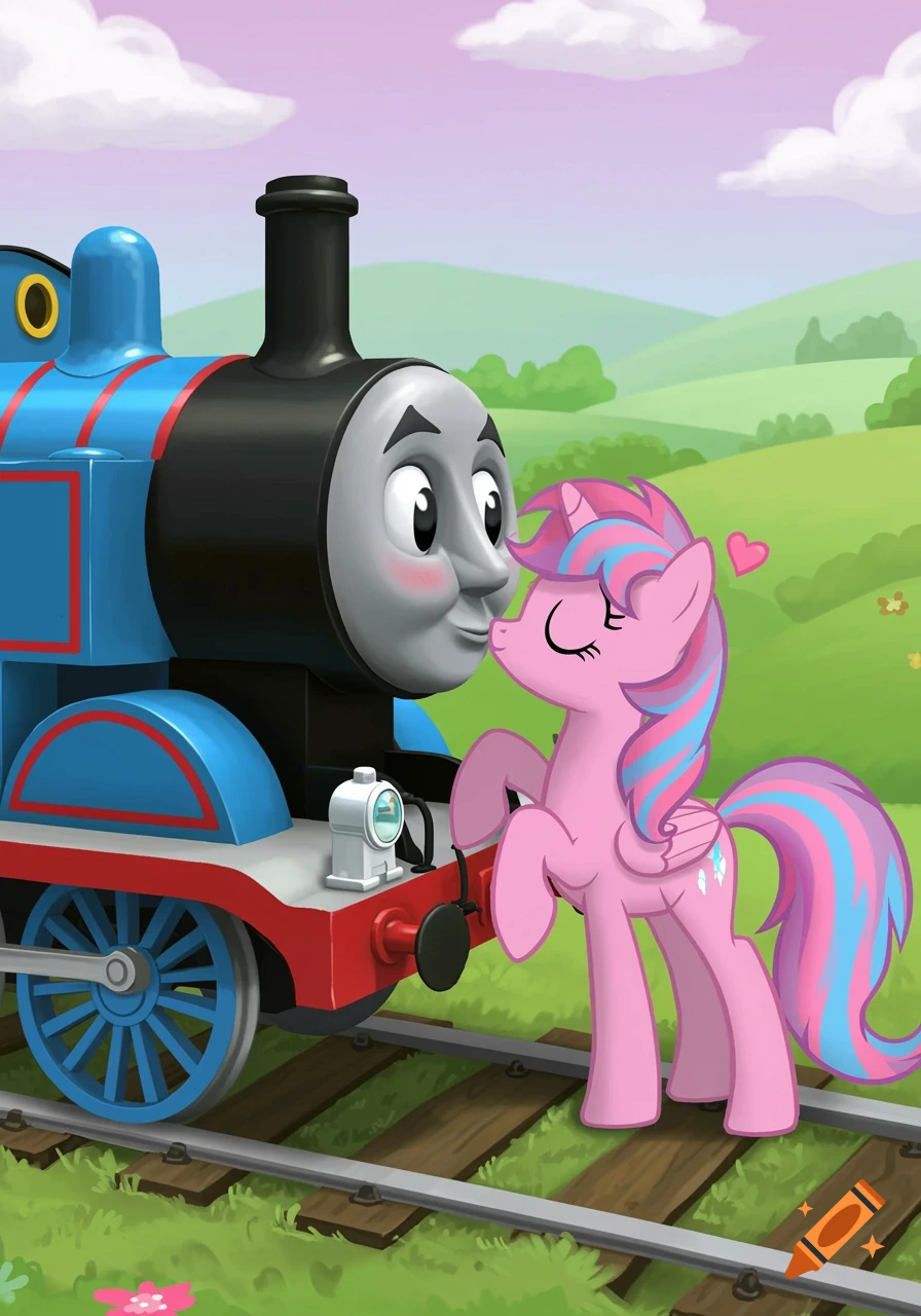 Thomas the Train and a pink My Little Pony kissing on the cheek in a field.