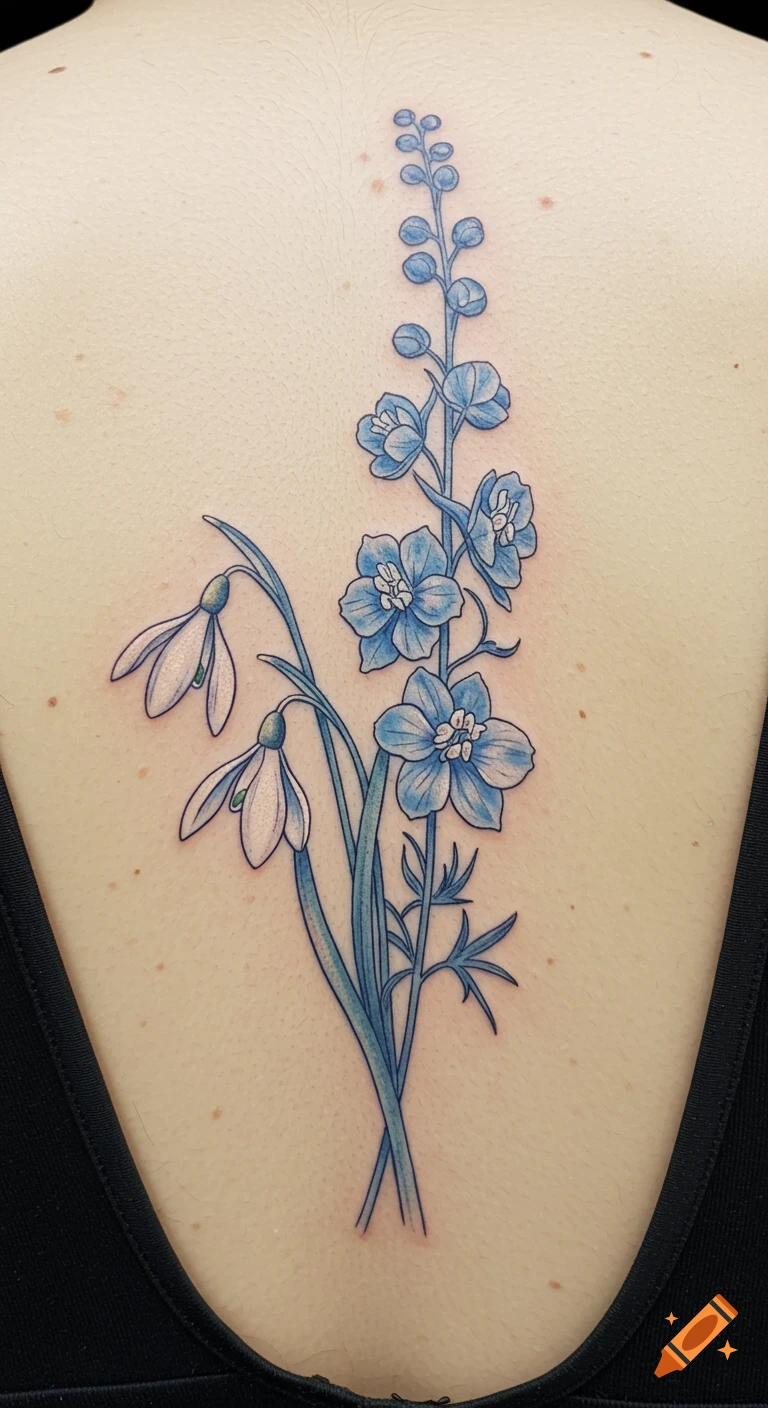 Blue floral tattoo of snowdrops and larkspur on a back