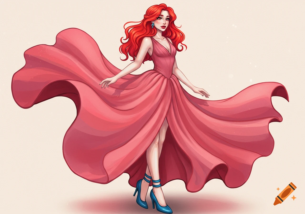 An illustration of a woman with red hair and a flowing pink dress, wearing blue heels.