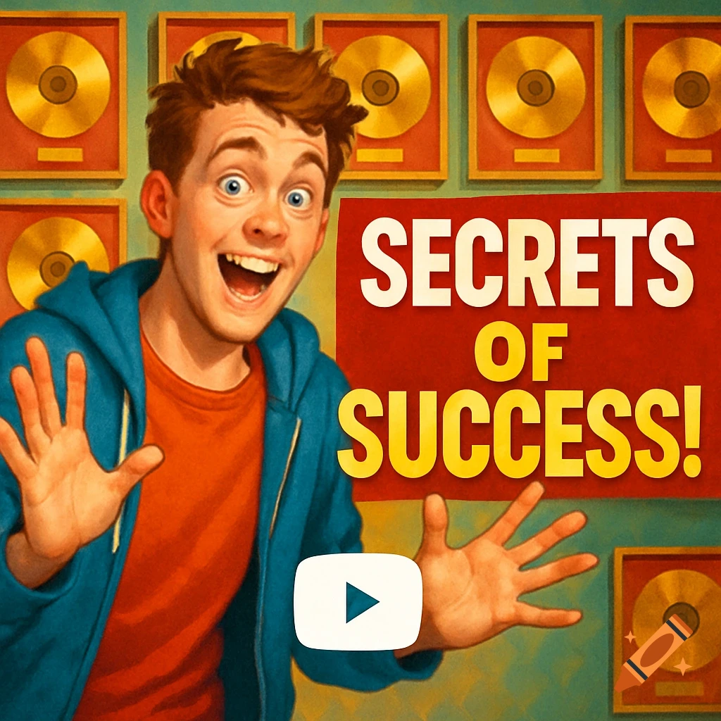 Excited young man in a blue hoodie raising hands in front of a sign that says 'Secrets of Success!' and gold records.